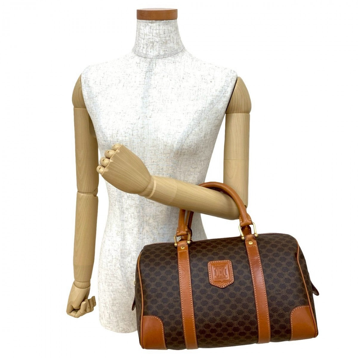 CELINE Handbag Leather, PVC Brown Macadam Blason Triomphe Women Used Authentic