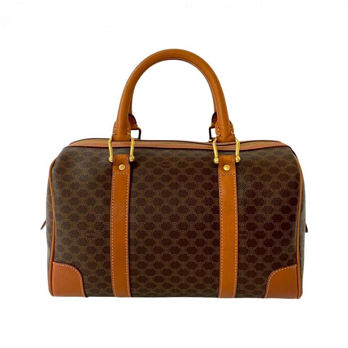 CELINE Handbag Leather, PVC Brown Macadam Blason Triomphe Women Used Authentic