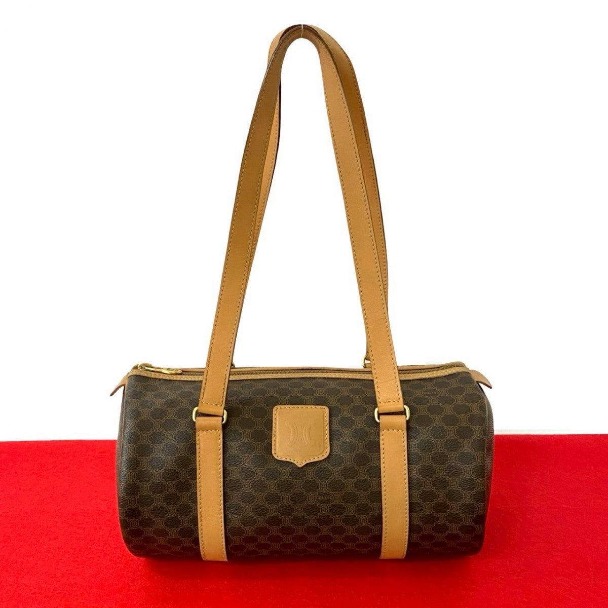 CELINE Handbag Leather, PVC Brown Macadam Blazon Pattern Triomphe logo Women Used Authentic