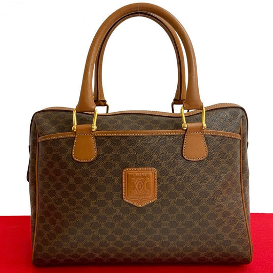 CELINE Handbag Leather, PVC Brown Macadam Blason Triomphe Pattern Women Used Authentic