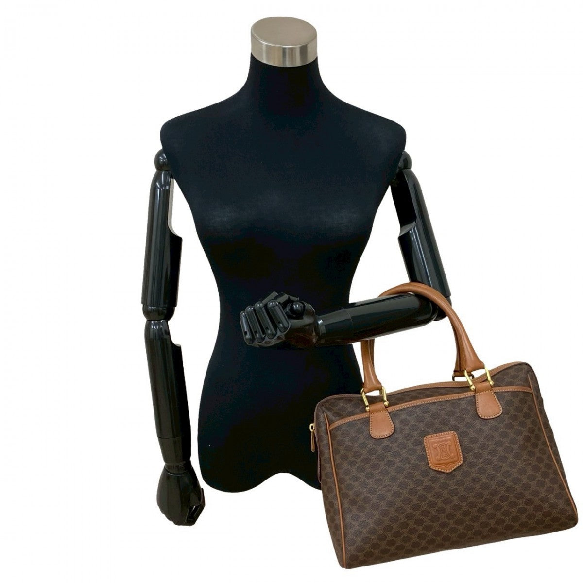CELINE Handbag Leather, PVC Brown Macadam Blason Triomphe Pattern Women Used Authentic