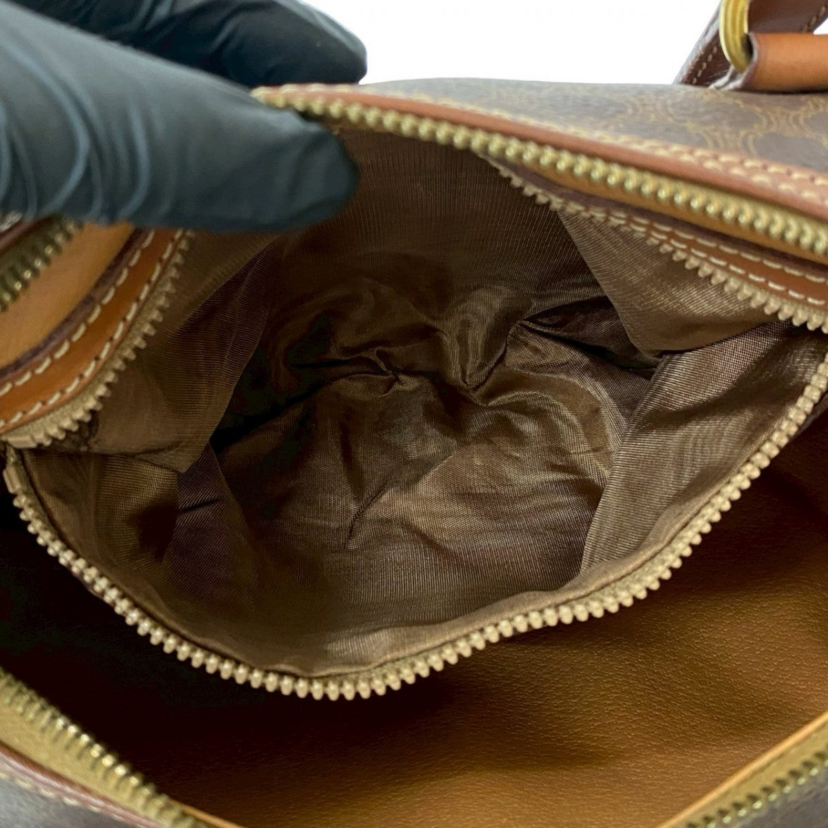 CELINE Boston Duffel bag Leather, PVC Brown Macadam Blason Triomphe Pattern Women Used Authentic