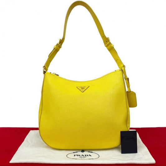 PRADA Shoulder Bag leather yellow Triangular logo Women Used Authentic