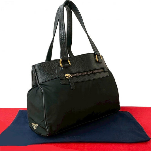 PRADA Handbag Leather, Nylon black Triangular logo Women Used Authentic