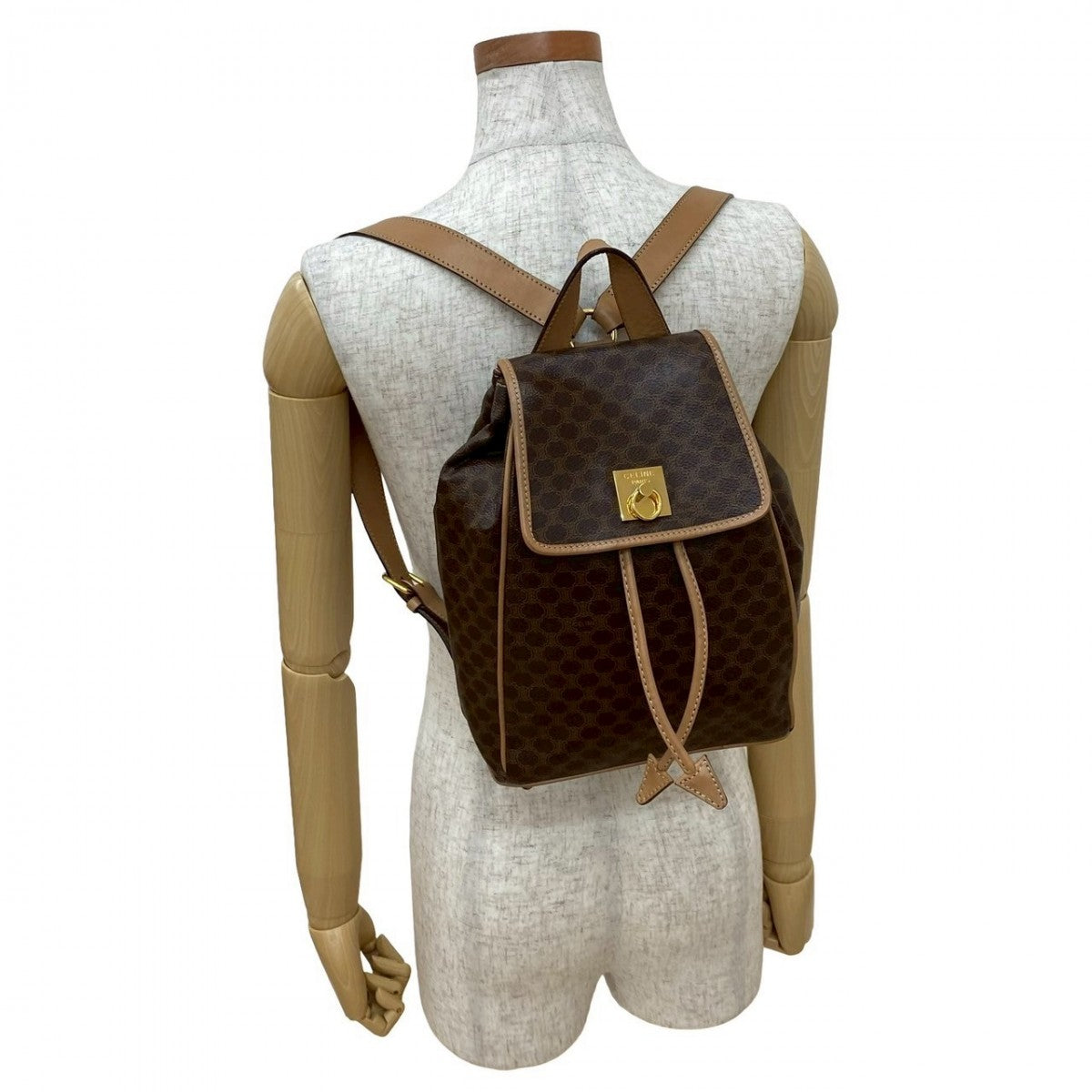 CELINE Backpack leather Brown Macadam Pattern logo ring Metal Women Used Authentic