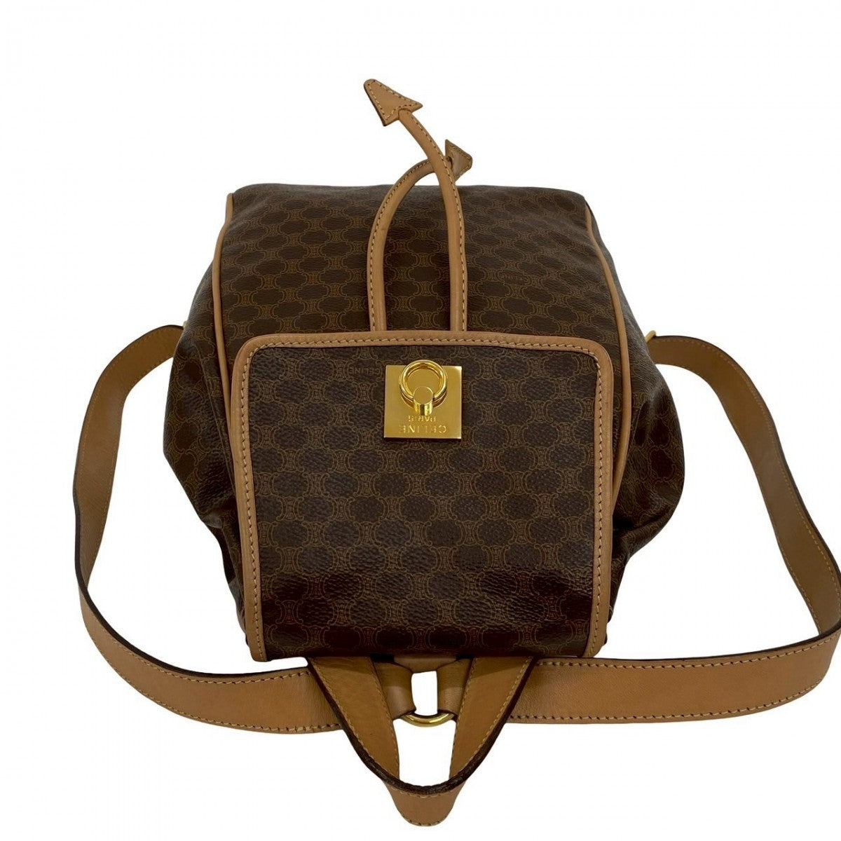 CELINE Backpack leather Brown Macadam Pattern logo ring Metal Women Used Authentic