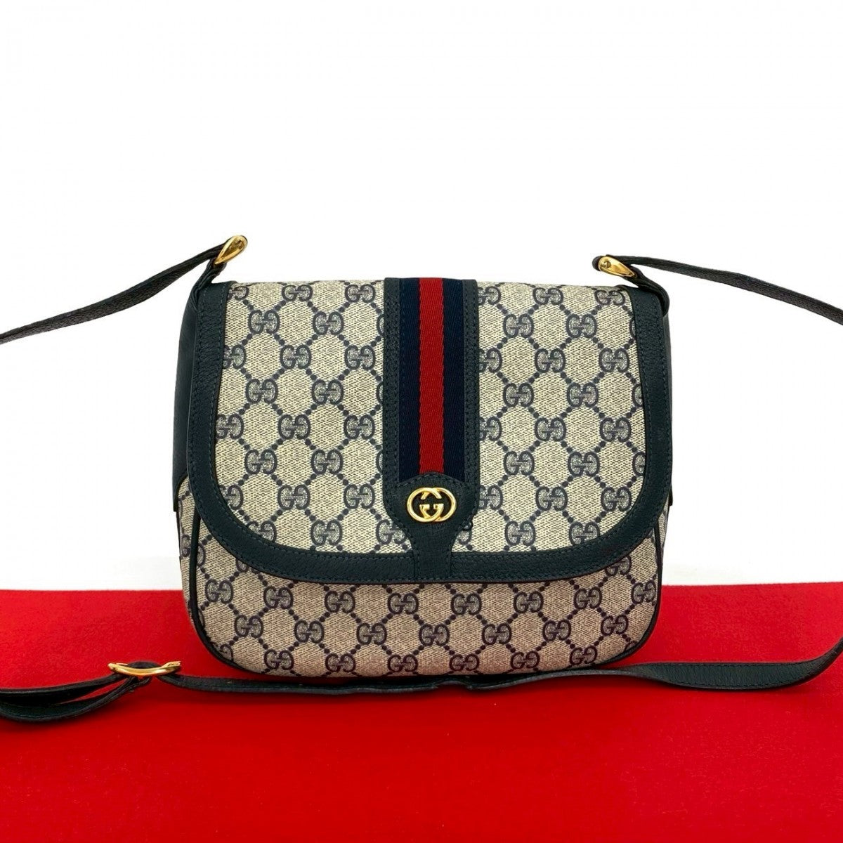 GUCCI Shoulder Bag leather Navy Sherry line