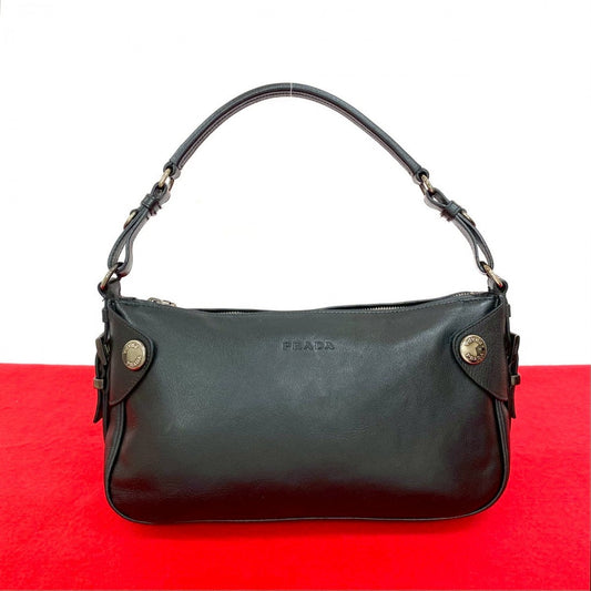 PRADA Shoulder Bag leather black logo Metal Women Used Authentic