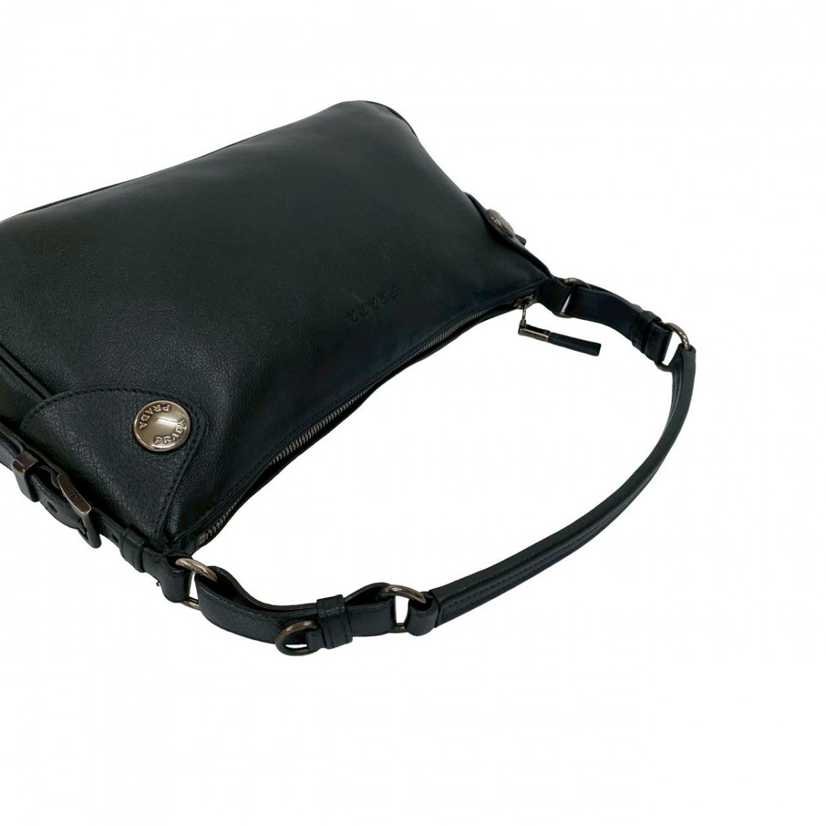 PRADA Shoulder Bag leather black logo Metal Women Used Authentic