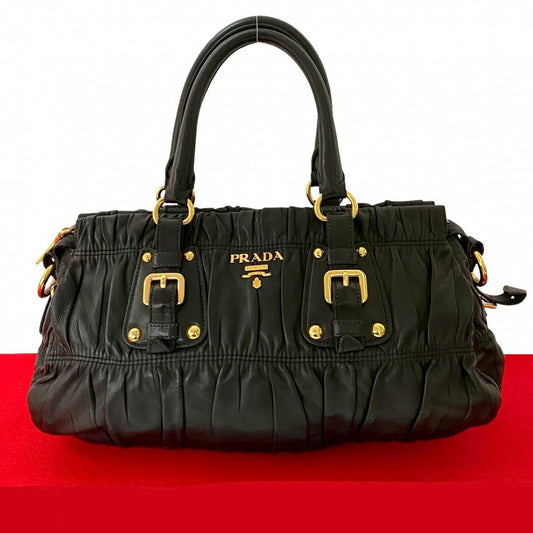 PRADA Handbag leather black logo Metal Women Used Authentic