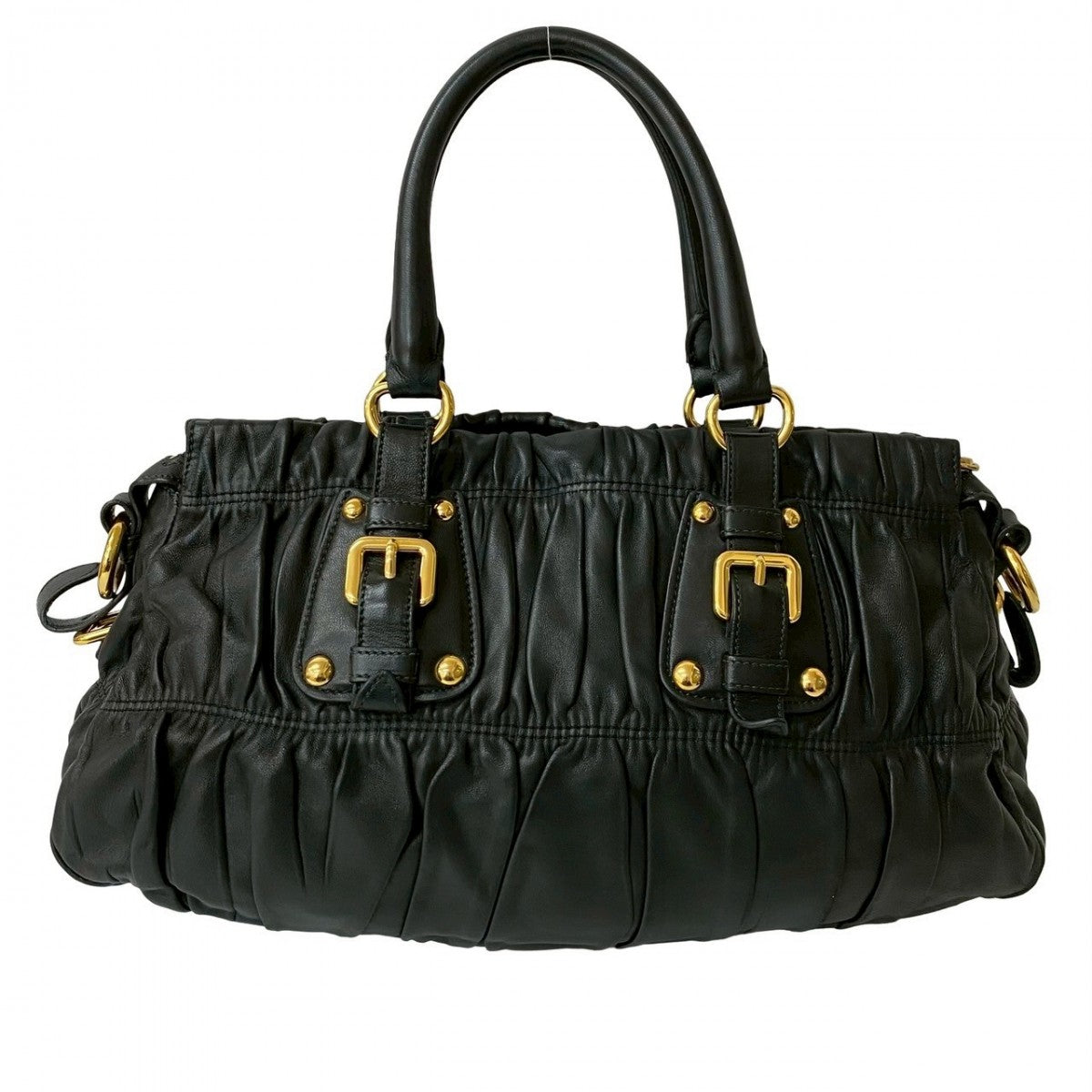 PRADA Handbag leather black logo Metal Women Used Authentic