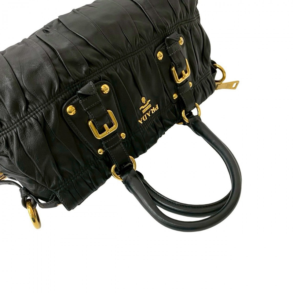 PRADA Handbag leather black logo Metal Women Used Authentic
