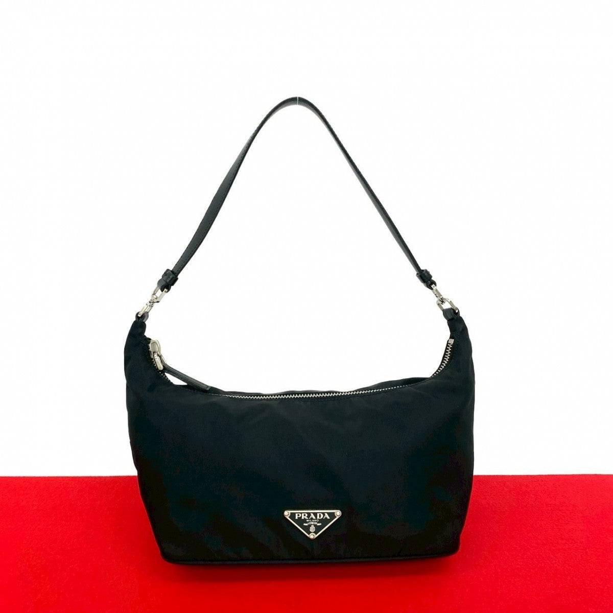 PRADA Handbag Nylon, Leather black Triangle Logo Metal Women Used Authentic