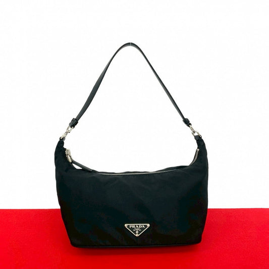 PRADA Handbag Nylon, Leather black Triangle Logo Metal Women Used Authentic
