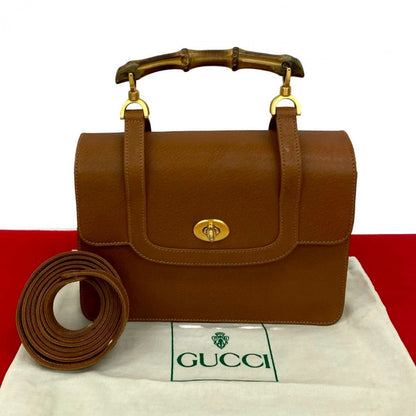 GUCCI Shoulder Bag leather Brown Bamboo