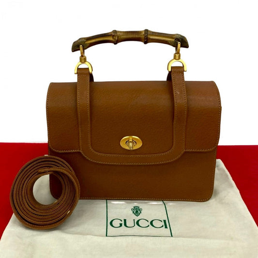 GUCCI Shoulder Bag leather Brown Bamboo