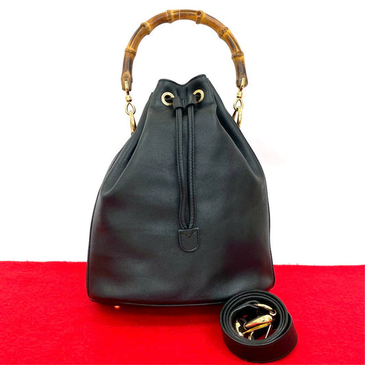 GUCCI Shoulder Bag leather black Bamboo