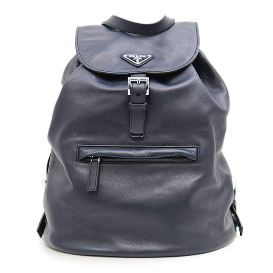 PRADA Backpack BZ032L Soft Calfskin Leather Navy Women Used Authentic