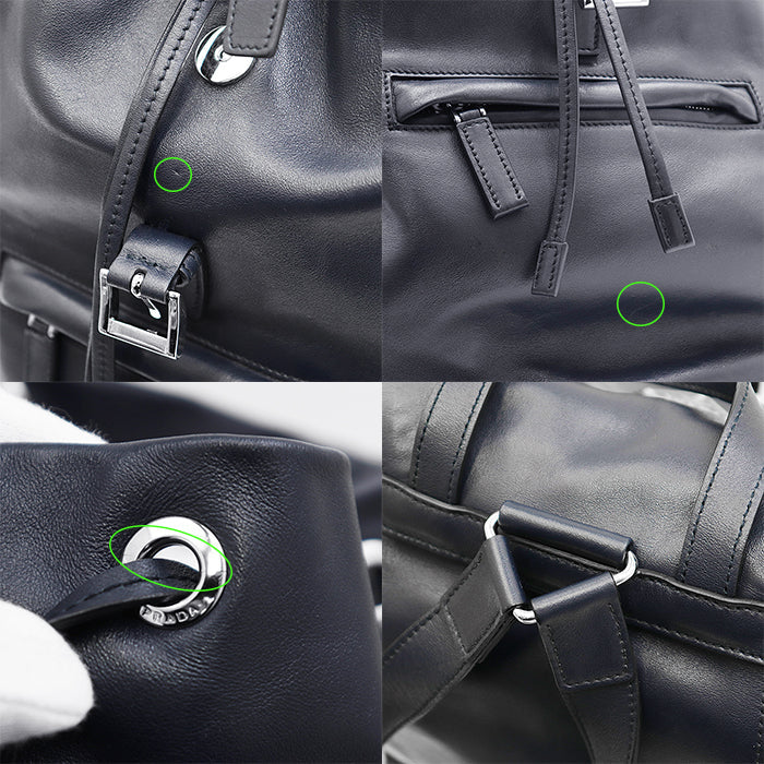 PRADA Backpack BZ032L Soft Calfskin Leather Navy Women Used Authentic