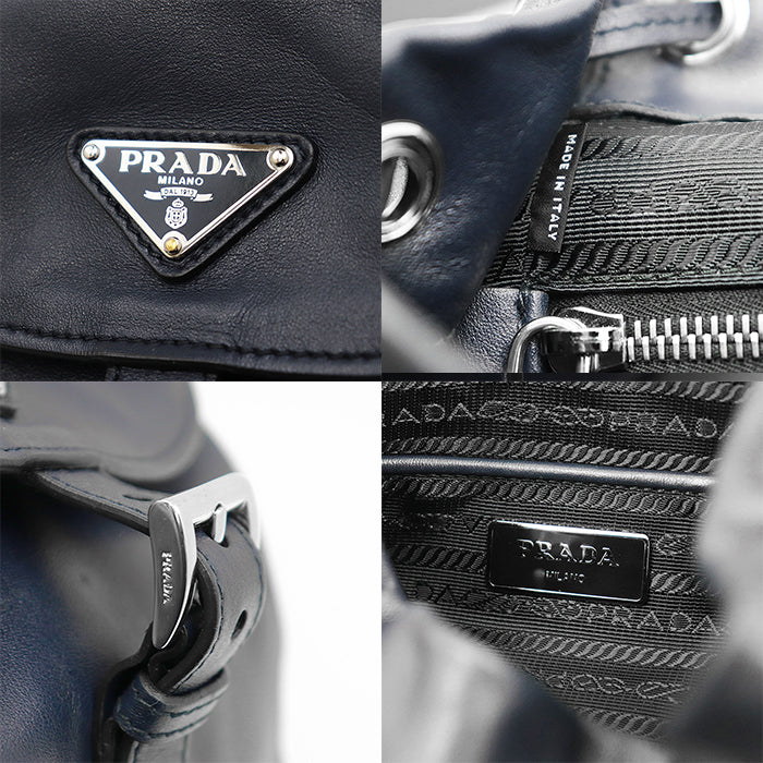 PRADA Backpack BZ032L Soft Calfskin Leather Navy Women Used Authentic