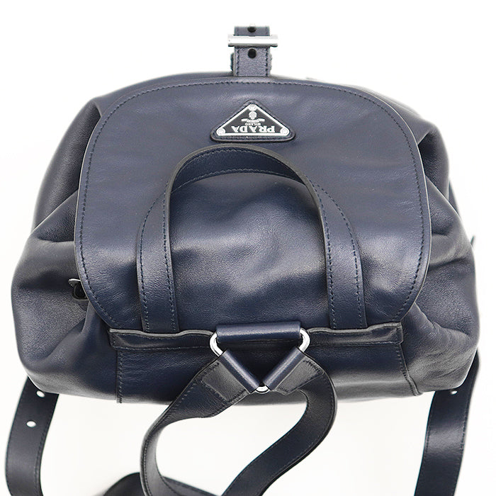 PRADA Backpack BZ032L Soft Calfskin Leather Navy Women Used Authentic