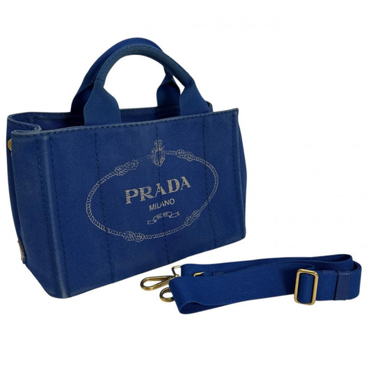 PRADA Tote Bag B2439G denim blue Shoulder Bag tote mini Canapa Women Used Authentic