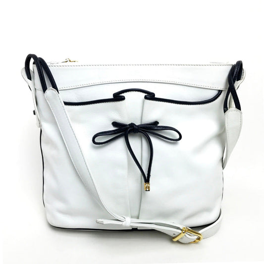 CELINE Shoulder Bag leather White x black Ribbon motif Women Used Authentic