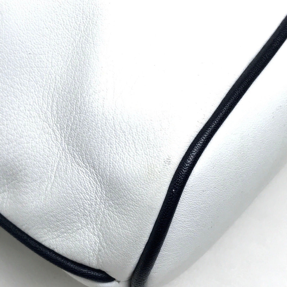 CELINE Shoulder Bag leather White x black Ribbon motif Women Used Authentic