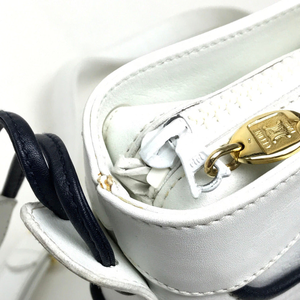 CELINE Shoulder Bag leather White x black Ribbon motif Women Used Authentic