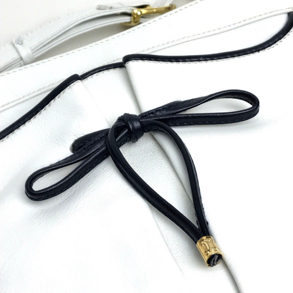 CELINE Shoulder Bag leather White x black Ribbon motif Women Used Authentic