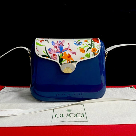 GUCCI Shoulder Bag Plastic, Leather, Satin blue Flora floral pattern Women Used Authentic