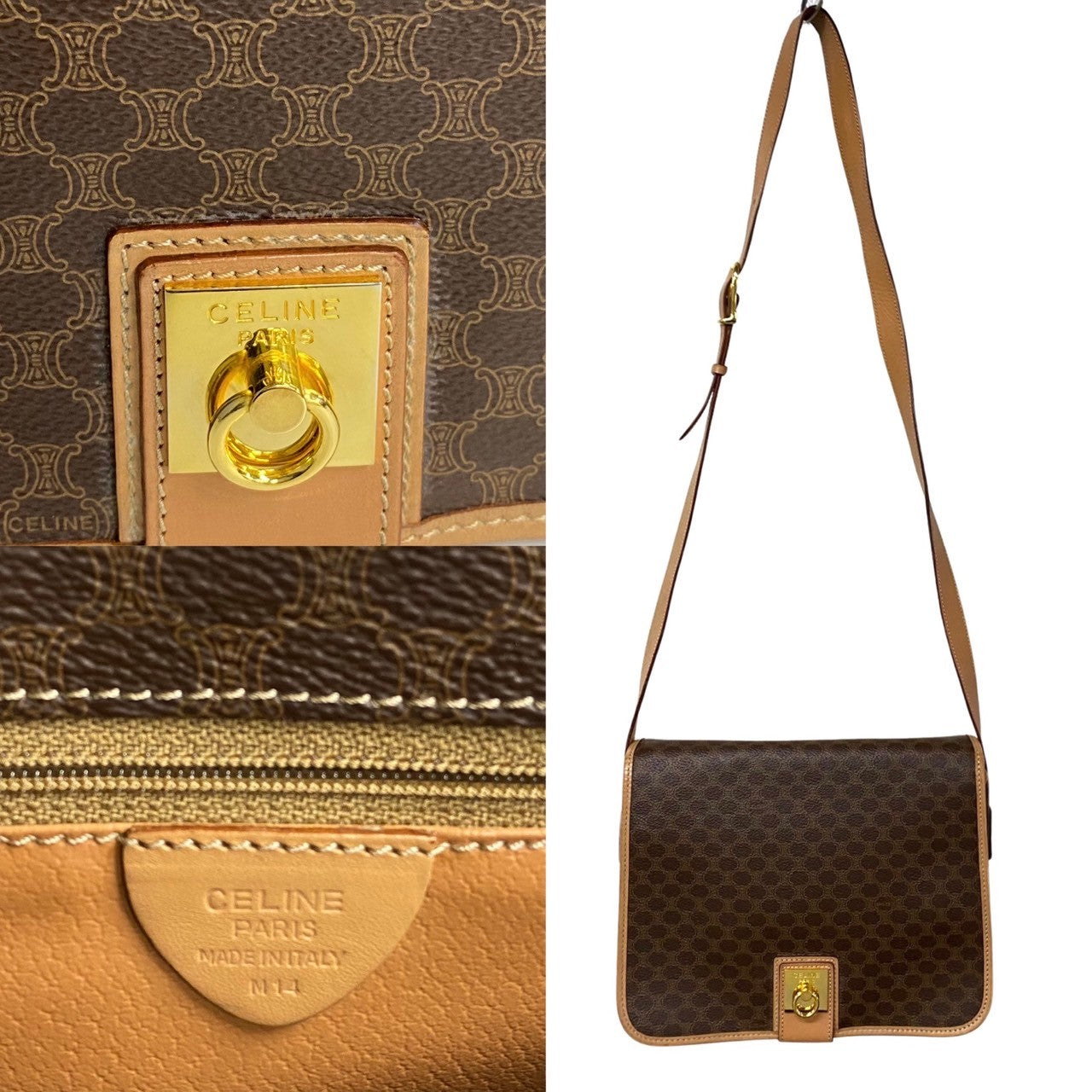 CELINE Shoulder Bag Leather, PVC Brown Macadam Blason Triomphe Pattern Women Used Authentic