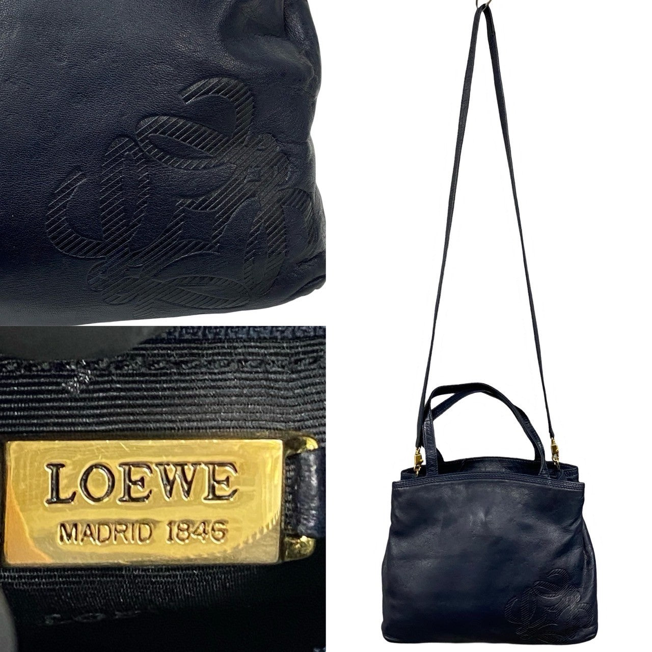 LOEWE Shoulder Bag leather Navy Anagram logo mens(Unisex) Used Authentic