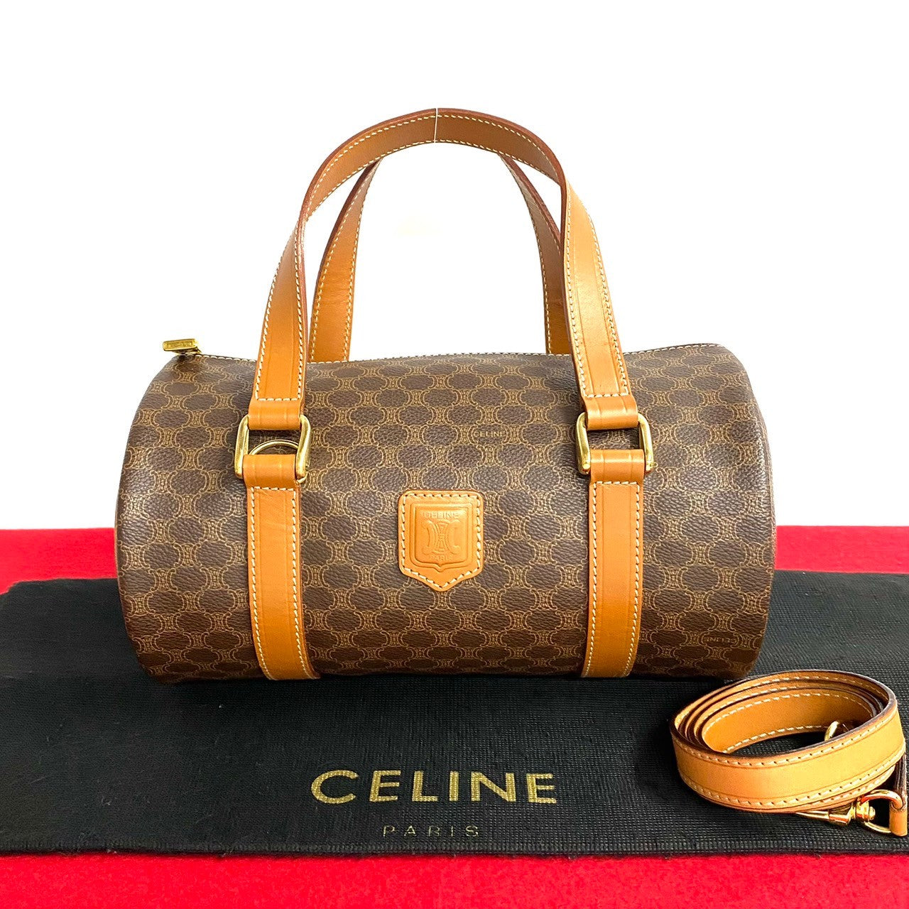 CELINE Handbag Leather, PVC Brown Macadam Blason Pattern Women Used Authentic