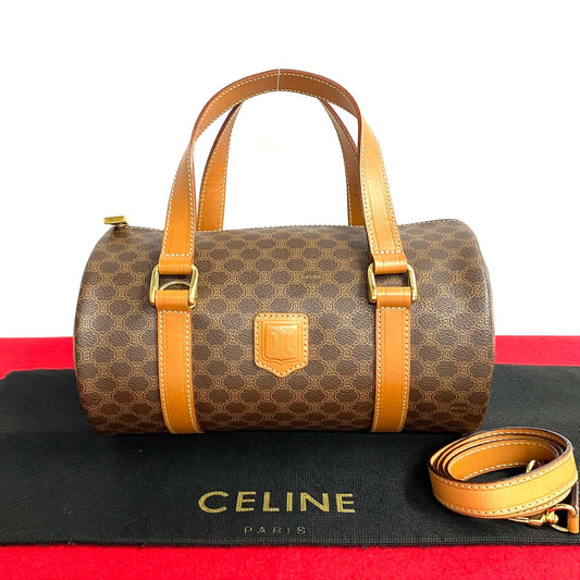 CELINE Handbag Leather, PVC Brown Macadam Blason Pattern Women Used Authentic