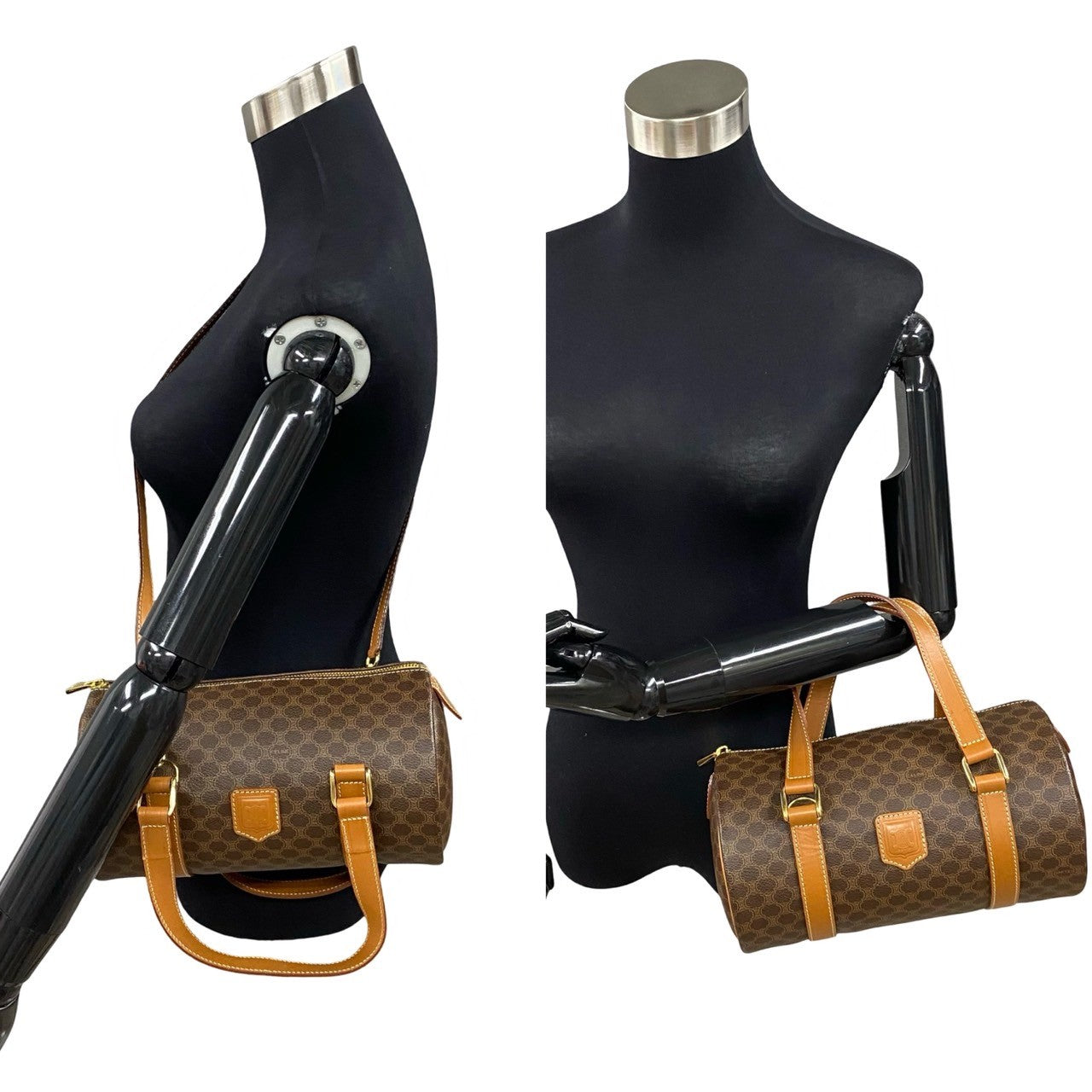 CELINE Handbag Leather, PVC Brown Macadam Blason Pattern Women Used Authentic