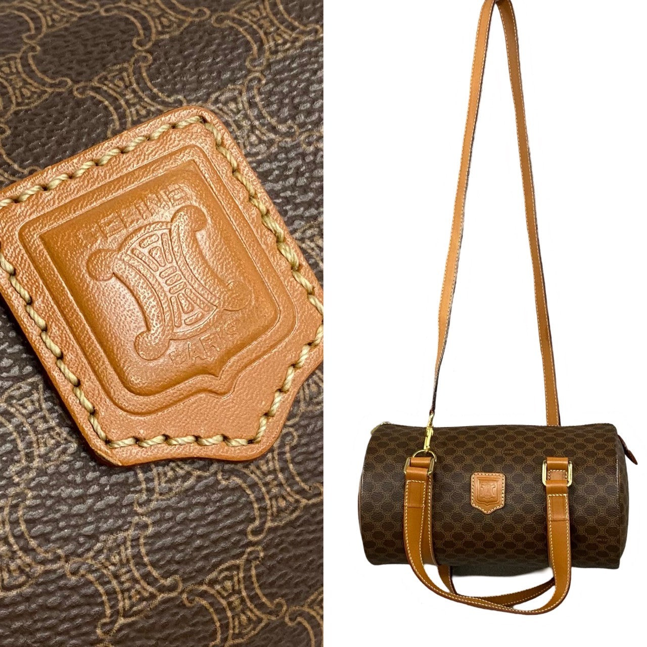 CELINE Handbag Leather, PVC Brown Macadam Blason Pattern Women Used Authentic