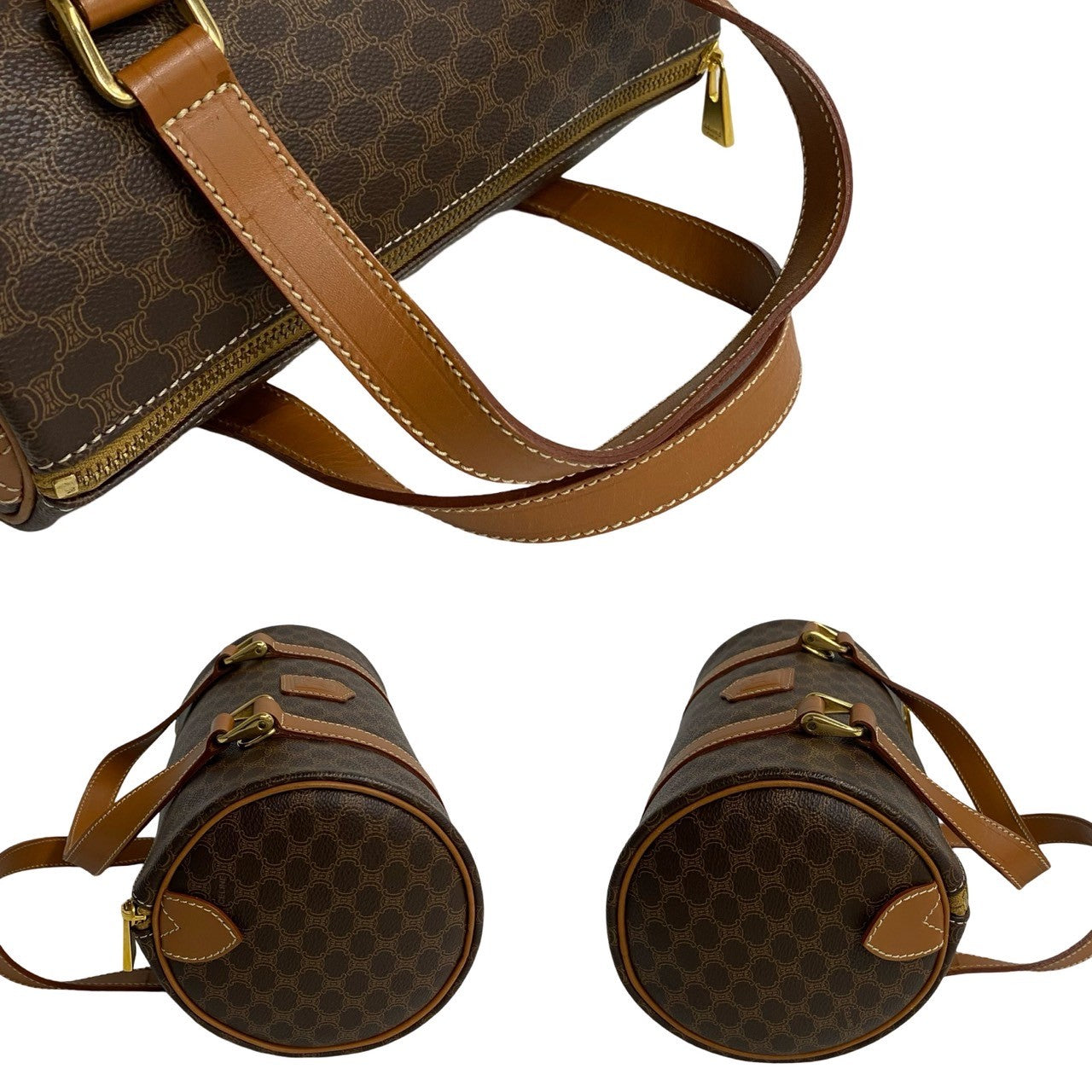 CELINE Handbag Leather, PVC Brown Macadam Blason Pattern Women Used Authentic