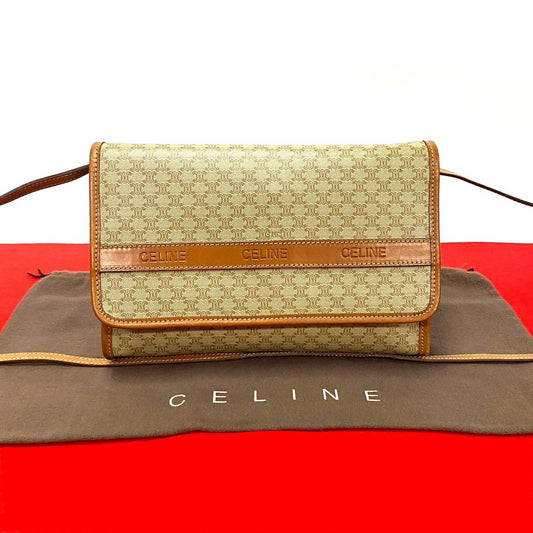 CELINE Shoulder Bag Leather, PVC Brown Macadam Blason Triomphe Pattern Women Used Authentic