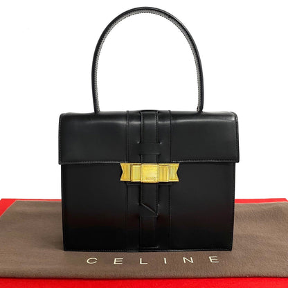 CELINE Handbag Calfskin, Leather black Ribbon logo Metal Women Used Authentic