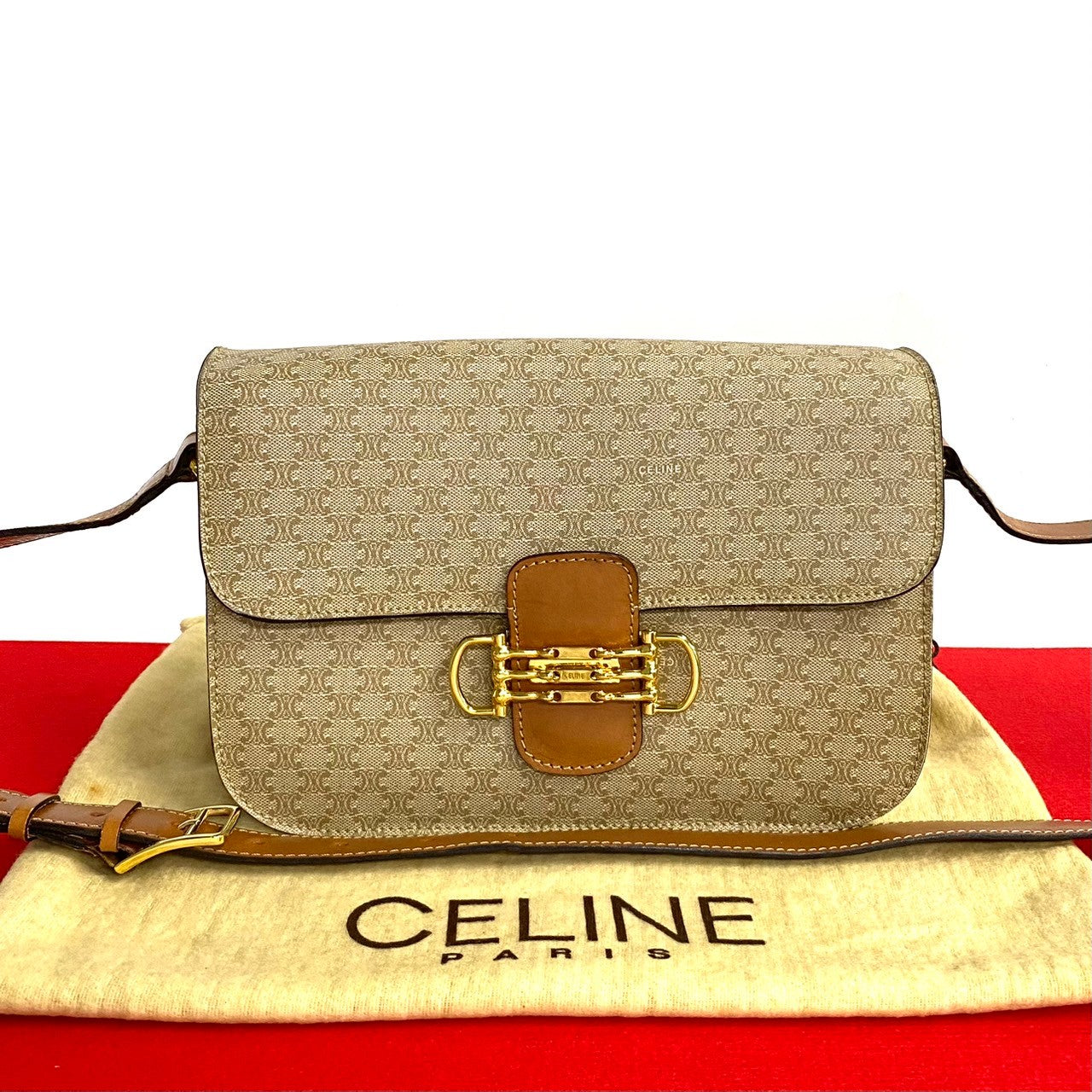 CELINE Shoulder Bag Leather, PVC Brown Macadam Blason Pattern Women Used Authentic