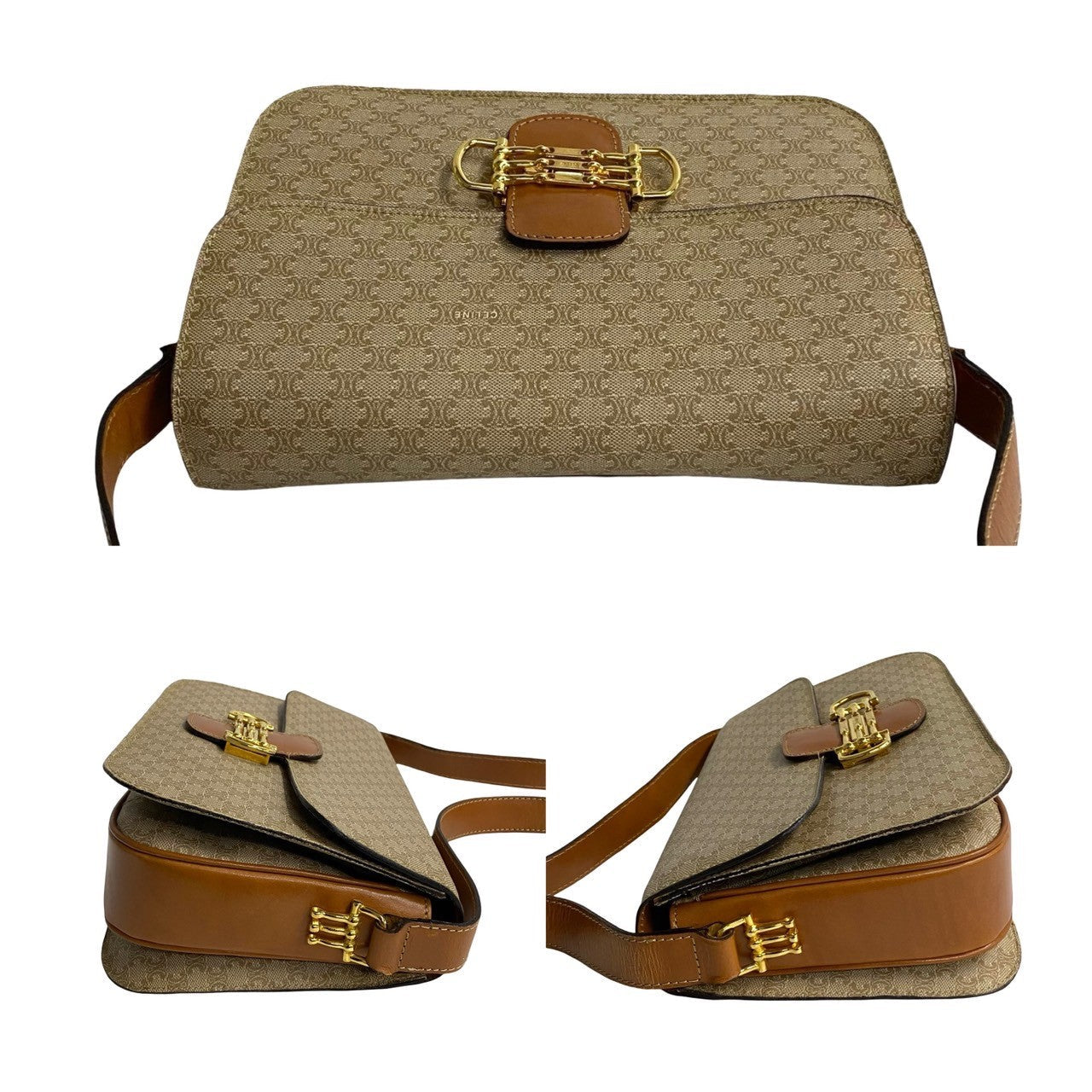 CELINE Shoulder Bag Leather, PVC Brown Macadam Blason Pattern Women Used Authentic