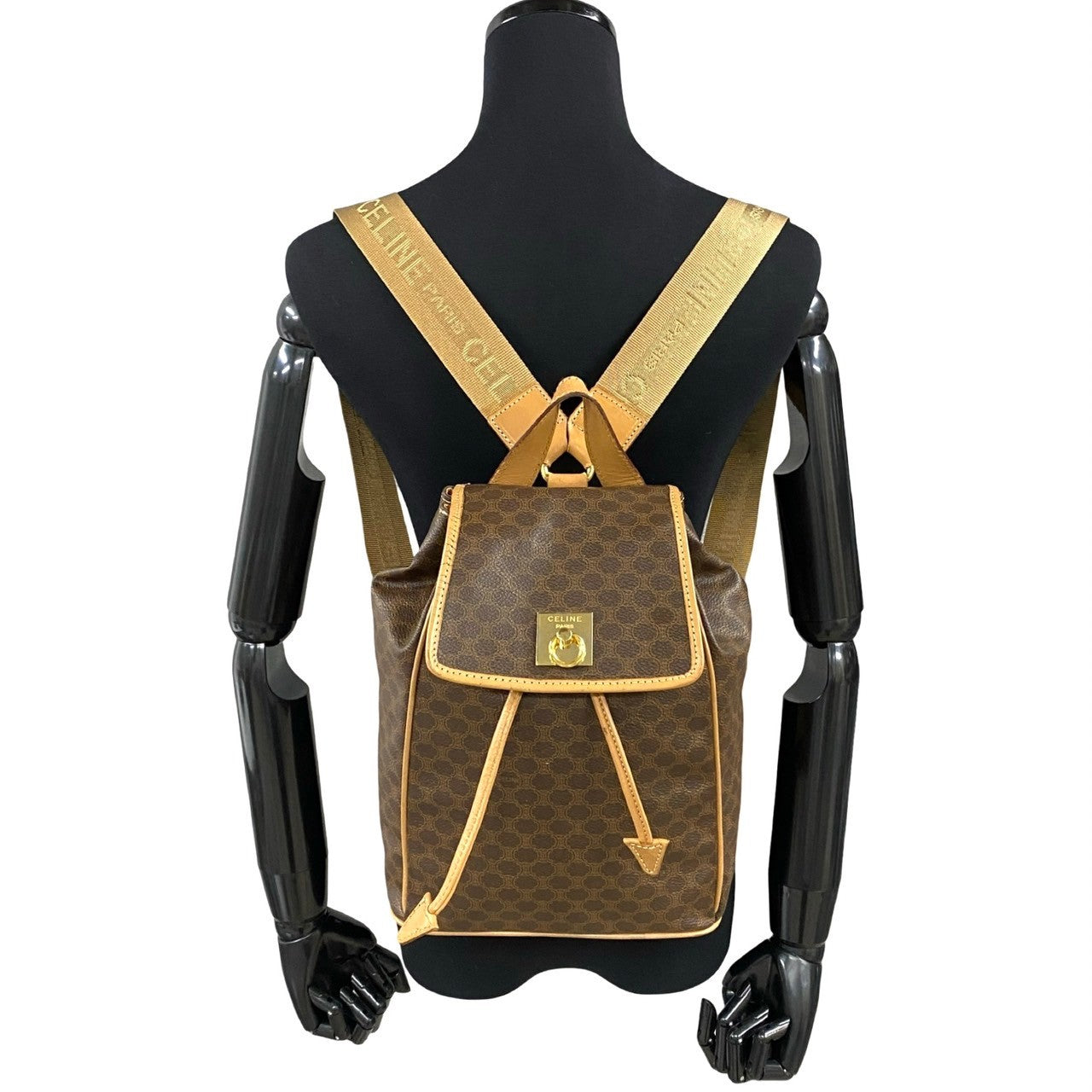 CELINE Backpack Leather, PVC Brown Macadam Blason Pattern logo ring Metal Women Used Authentic