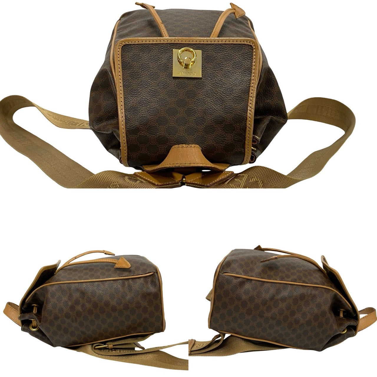CELINE Backpack Leather, PVC Brown Macadam Blason Pattern logo ring Metal Women Used Authentic