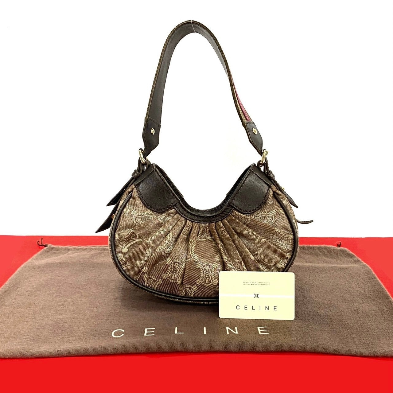 CELINE Handbag Leather, Canvas Brown Triomphe logo Pattern Women Used Authentic