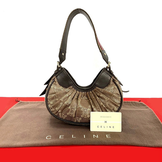 CELINE Handbag Leather, Canvas Brown Triomphe logo Pattern Women Used Authentic