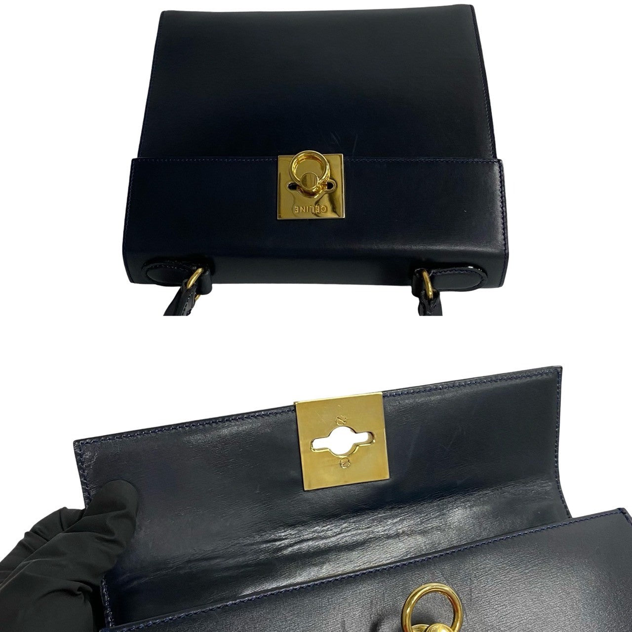 CELINE Handbag leather Navy logo ring Metal Women Used Authentic