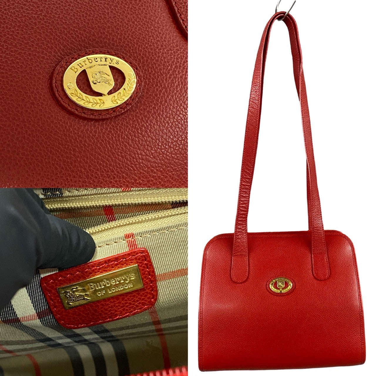 BURBERRY Tote Bag leather Red Shadow Horse logo Metal Women Used Authentic
