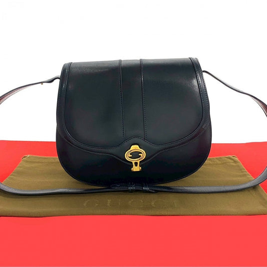 GUCCI Shoulder Bag leather Navy GG logo Metal Women Used Authentic
