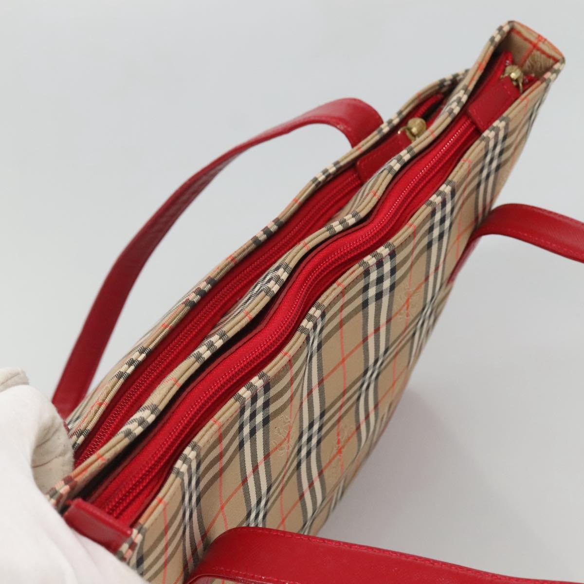 BURBERRY Nova Check Hand Bag Canvas Red Beige Gold